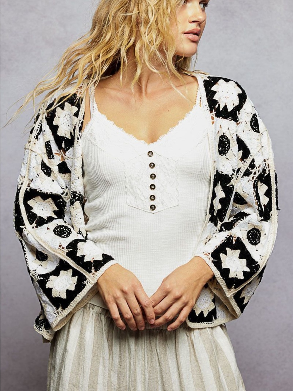 POL Black and White Crochet Floral Cardigan